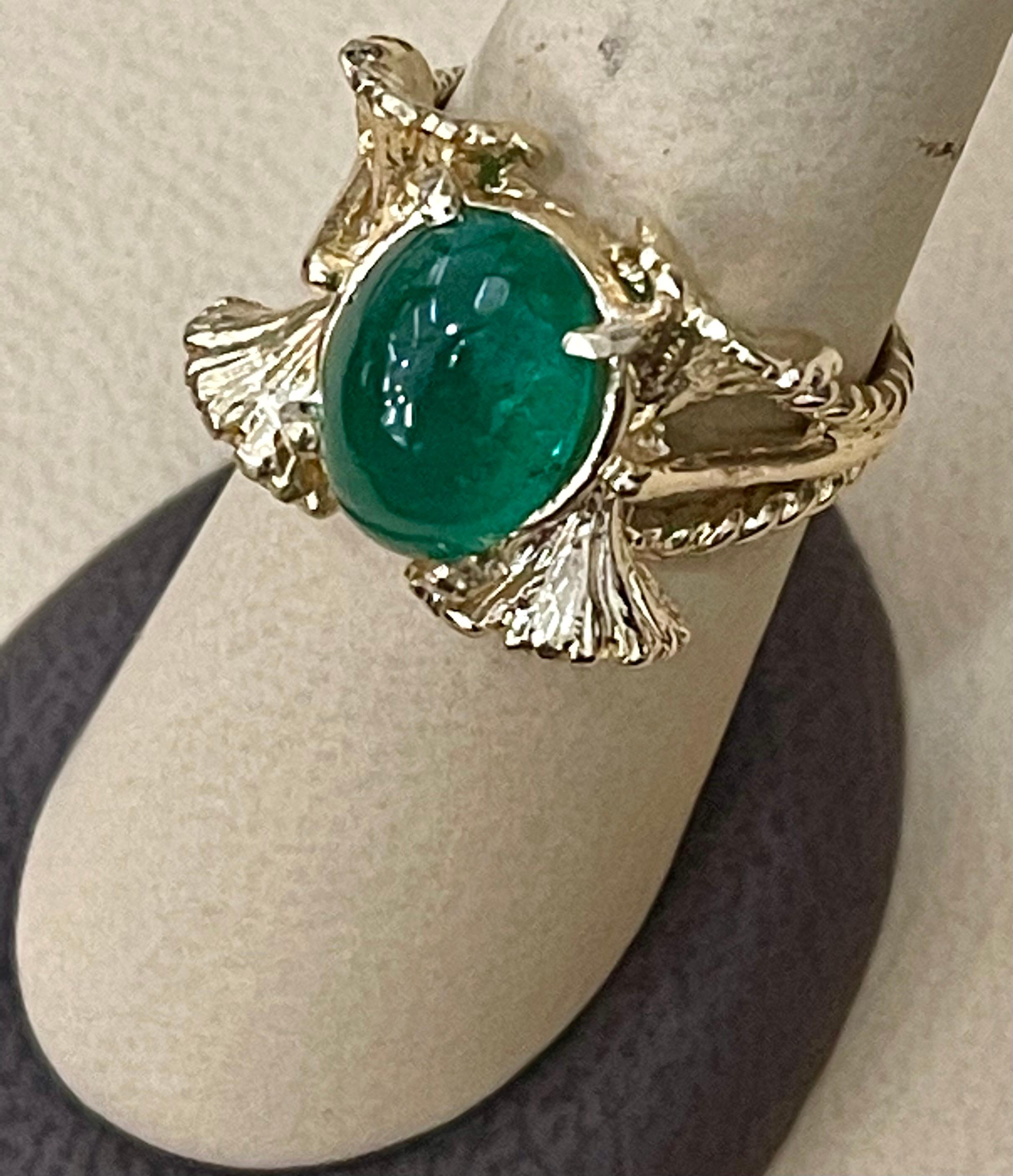 5 Carat Oval Emerald Cabochon 14 Karat Yellow Gold Cocktail Ring Vintage For Sale 7