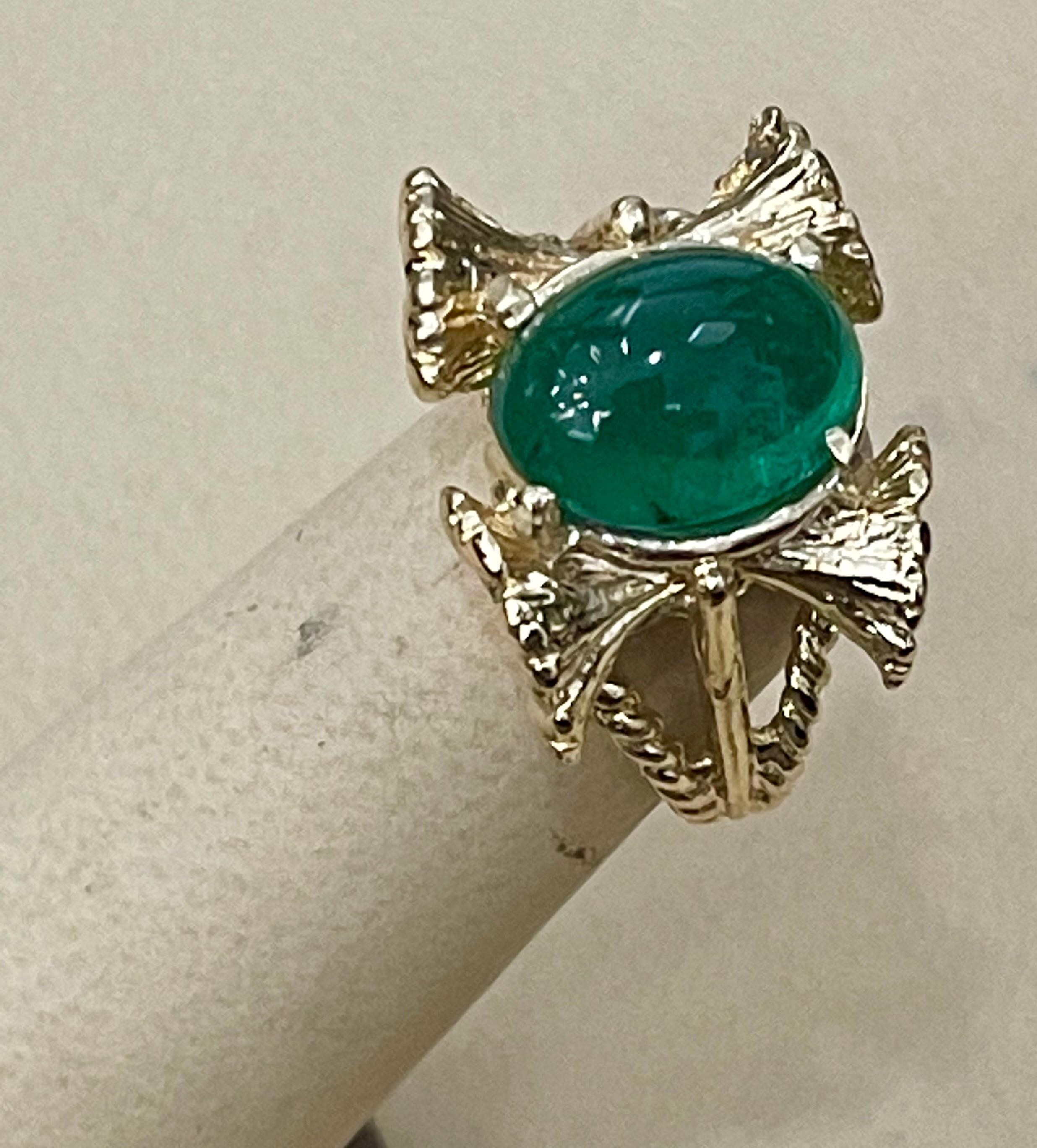 5 Carat Oval Emerald Cabochon 14 Karat Yellow Gold Cocktail Ring Vintage For Sale 8