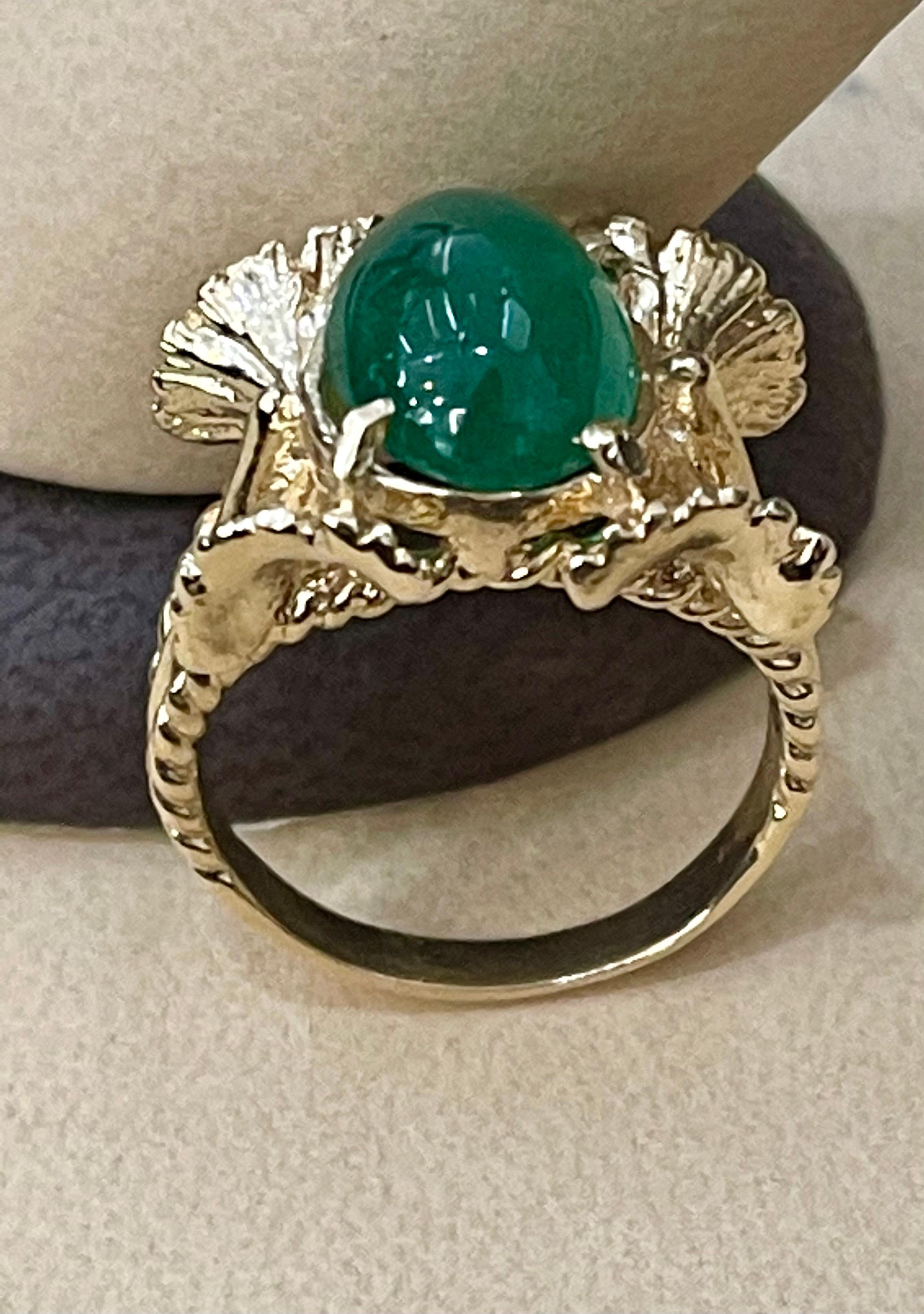 5 Carat Oval Emerald Cabochon 14 Karat Yellow Gold Cocktail Ring Vintage For Sale 9