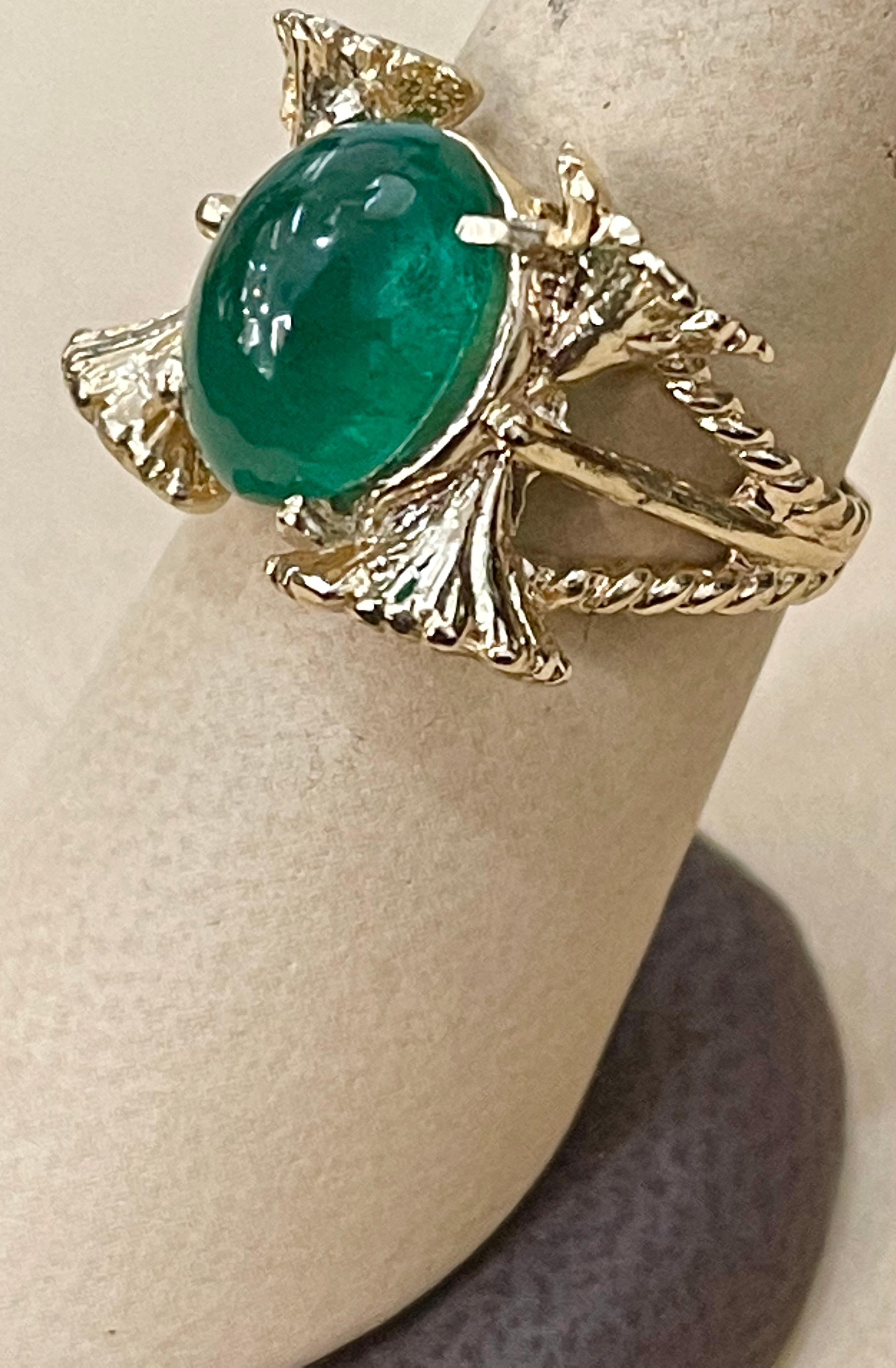 5 Carat Oval Emerald Cabochon 14 Karat Yellow Gold Cocktail Ring Vintage 1