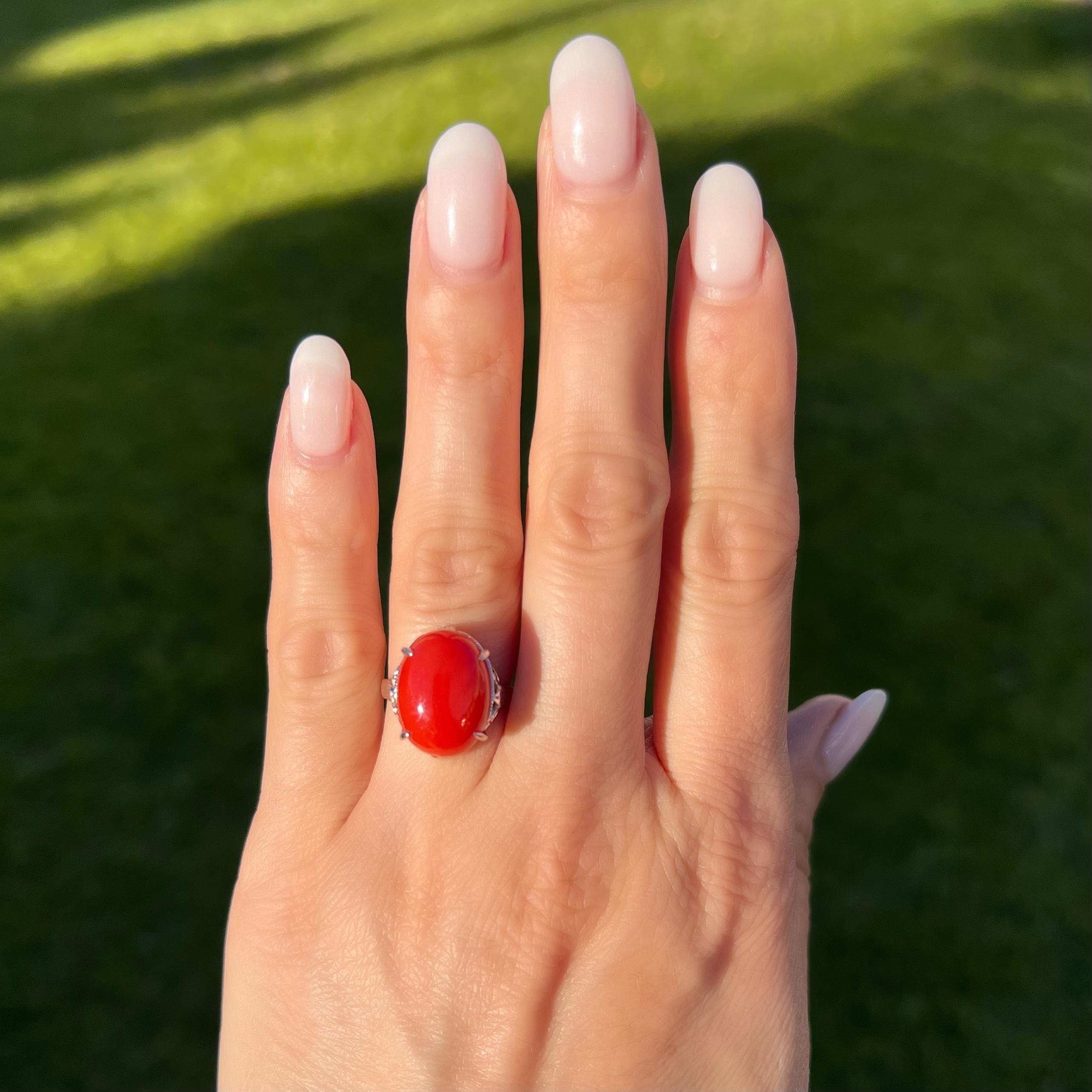 Contemporary 5 Carat Oval Red Coral Platinum Cocktail Ring