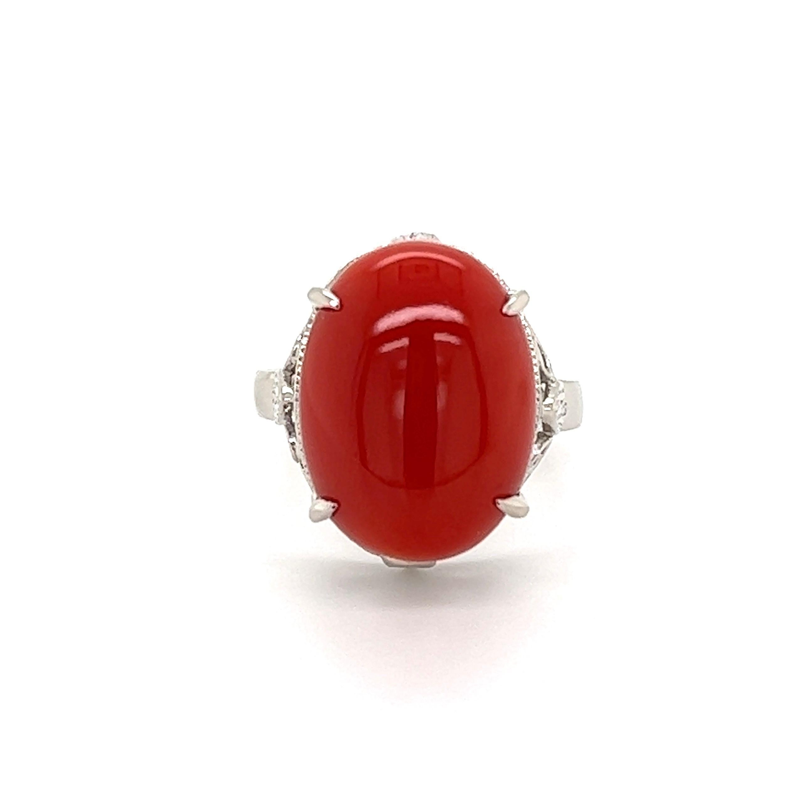 5 Carat Oval Red Coral Platinum Cocktail Ring In Excellent Condition In Montreal, QC