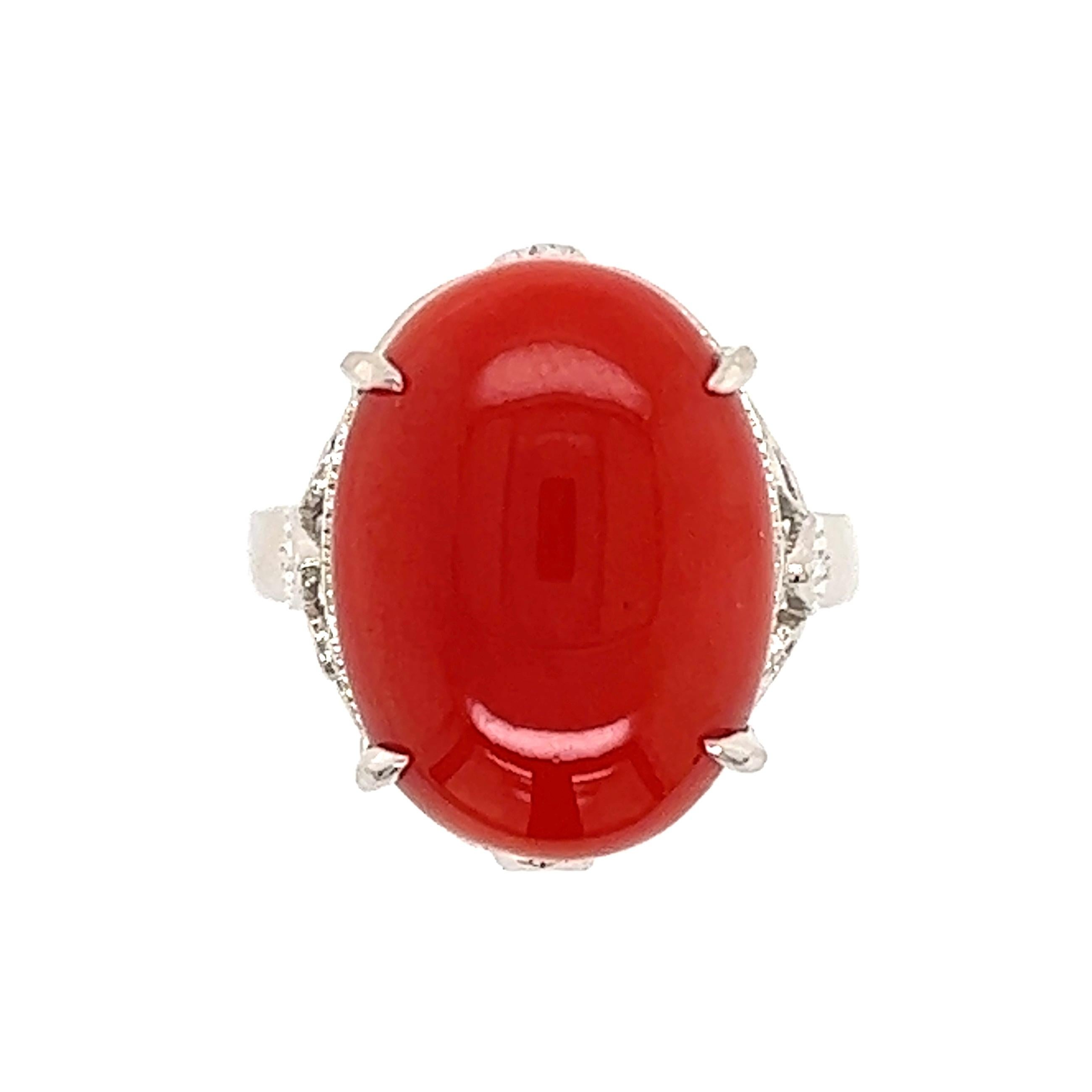 5 Carat Oval Red Coral Platinum Cocktail Ring 1