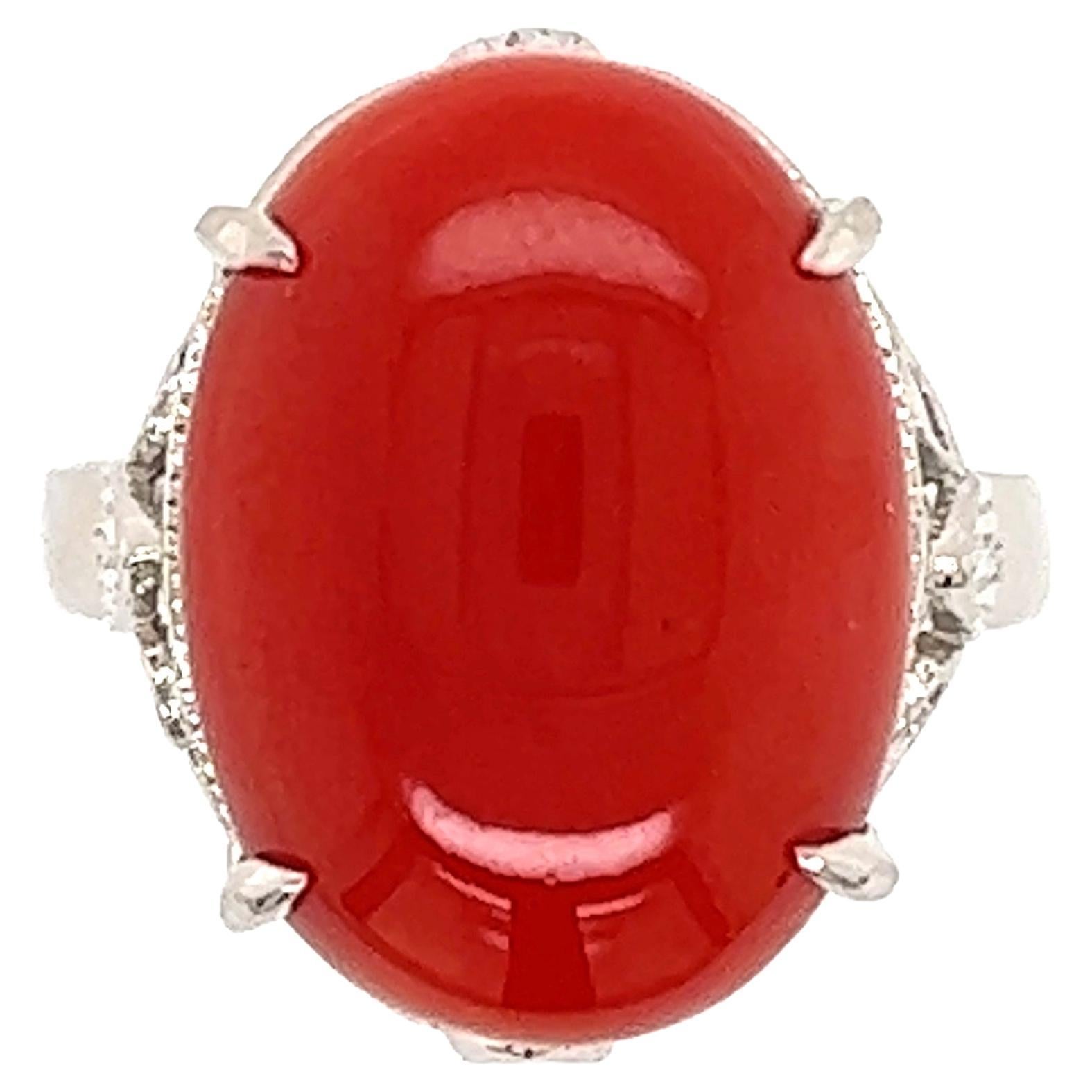 5 Carat Oval Red Coral Platinum Cocktail Ring