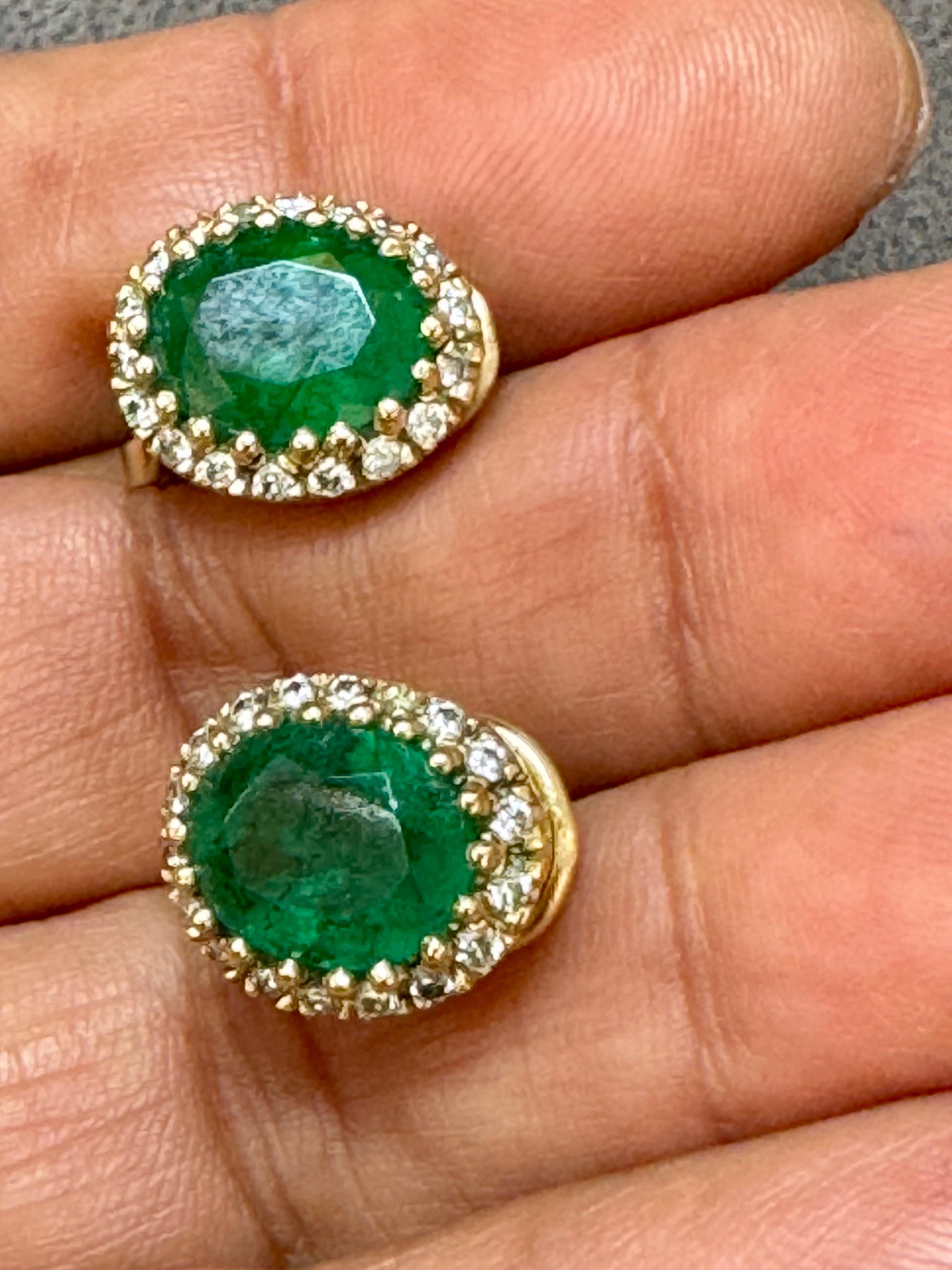 Oval Cut 5 Carat Oval Shape Emerald & 1 Ct Diamond Post Back Earrings 14 Karat Yello Gold For Sale