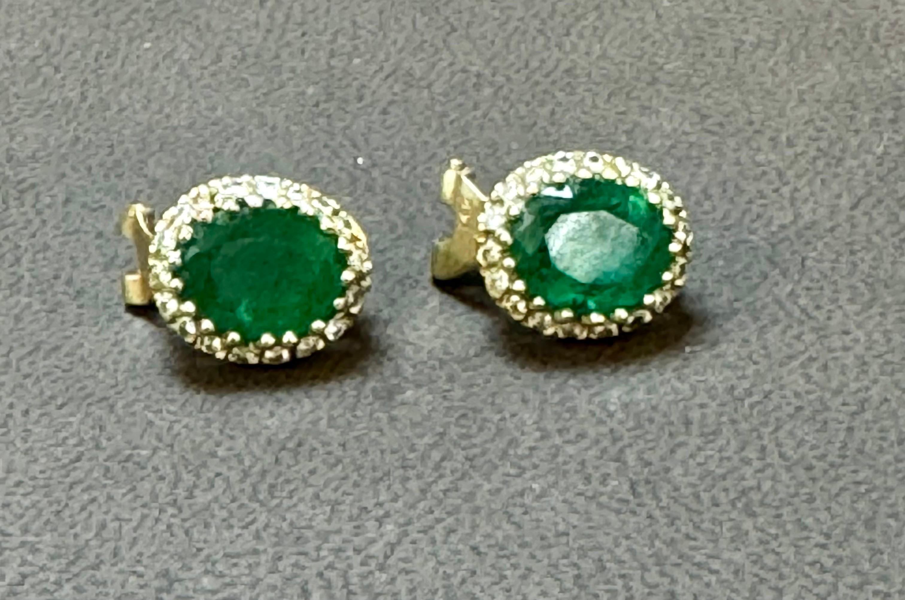 5 Carat Oval Shape Emerald & 1 Ct Diamond Post Back Earrings 14 Karat Yello Gold For Sale 1