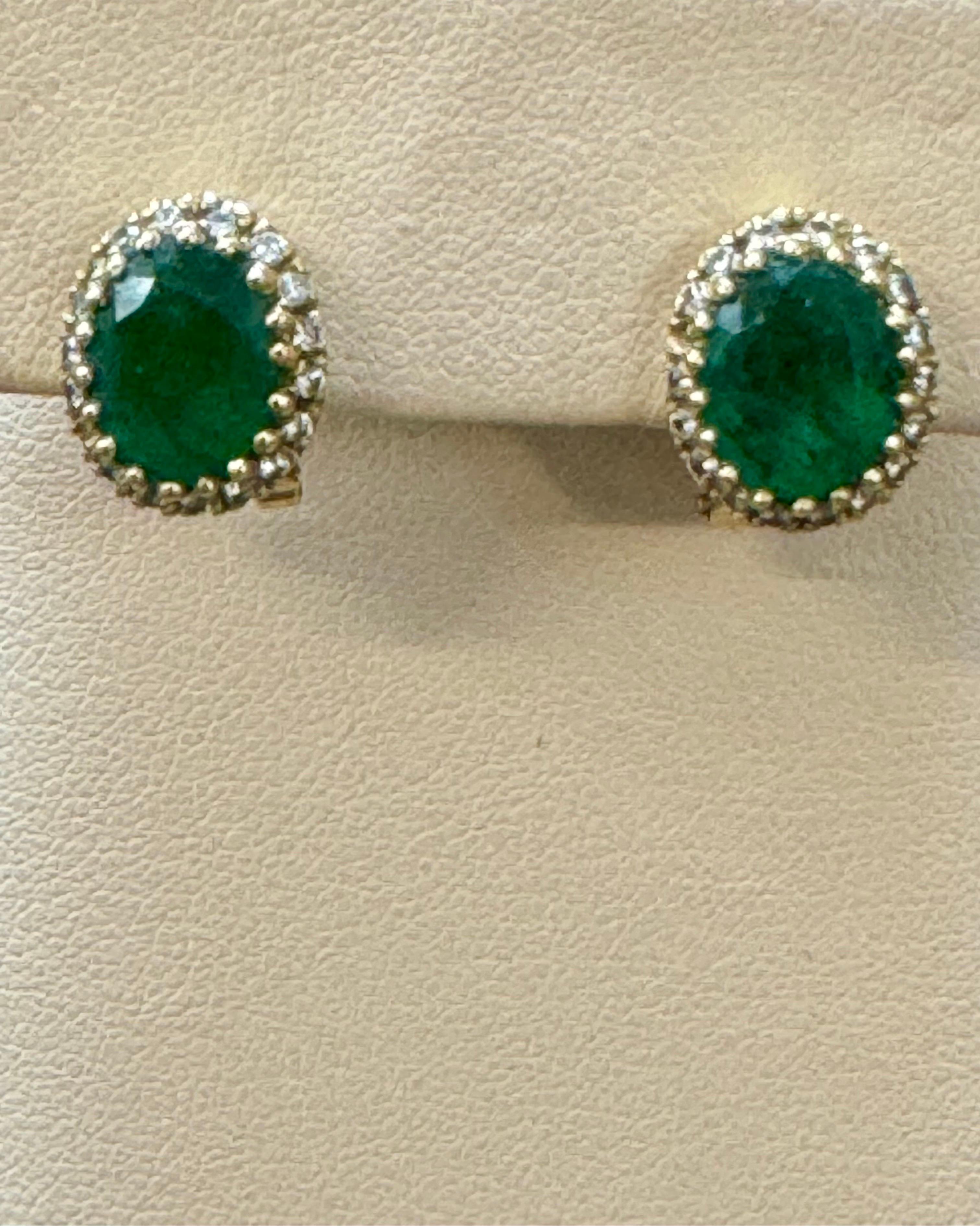 5 Carat Oval Shape Emerald & 1 Ct Diamond Post Back Earrings 14 Karat Yello Gold For Sale 2