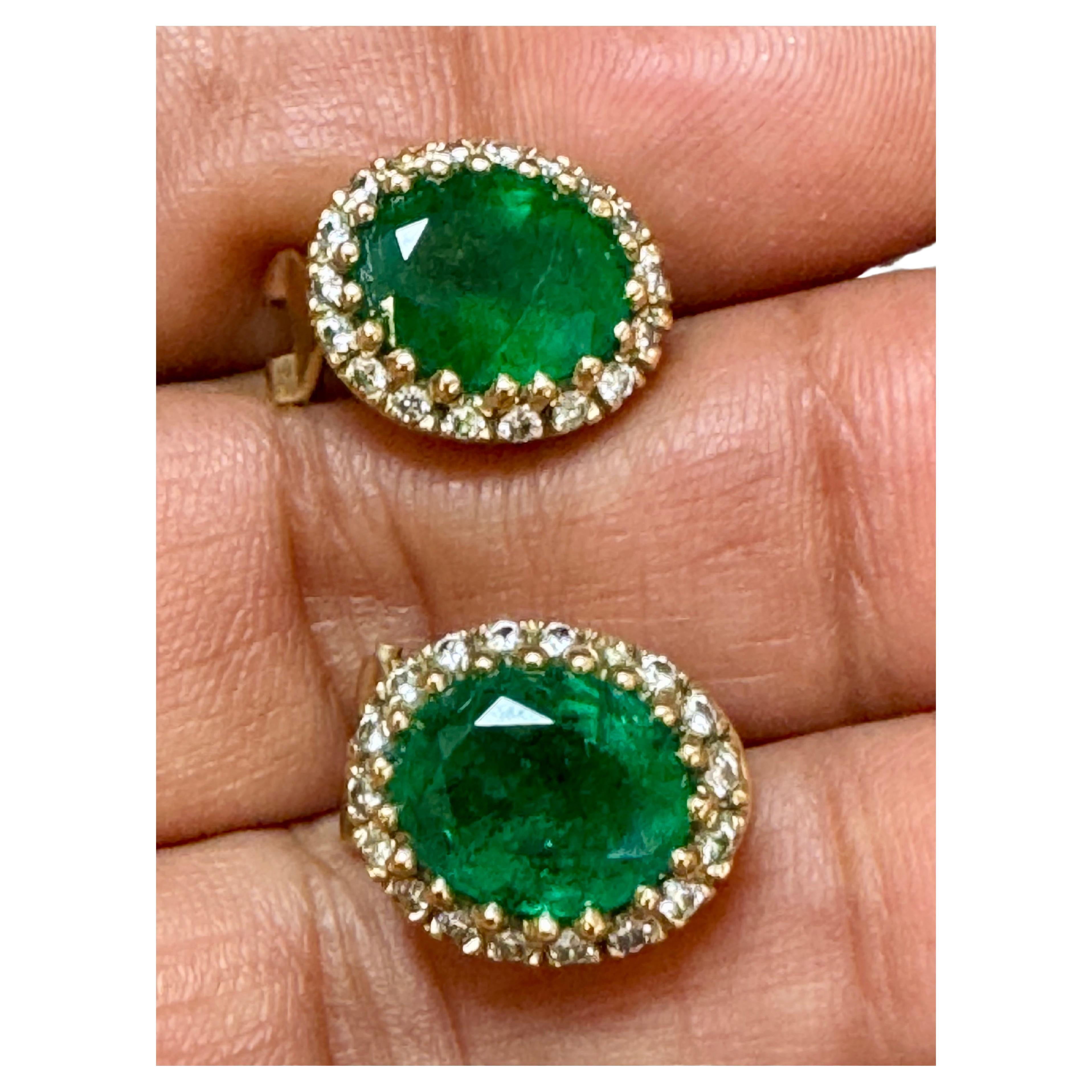 5 Carat Oval Shape Emerald & 1 Ct Diamond Post Back Earrings 14 Karat Yello Gold