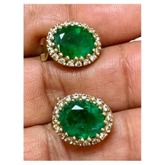 5 Carat Oval Shape Emerald & 1 Ct Diamond Post Back Earrings 14 Karat Yello Gold