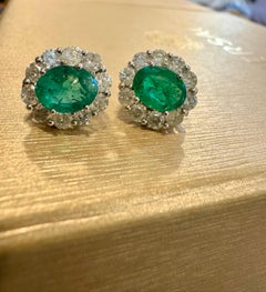 5 Carat Oval Shape Emerald & 2 Ct Diamond Post Back Earrings 14 Karat White Gold