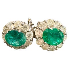 5 Carat Oval Shape Emerald & 2 Ct Diamond Post Back Earrings 14 Karat White Gold