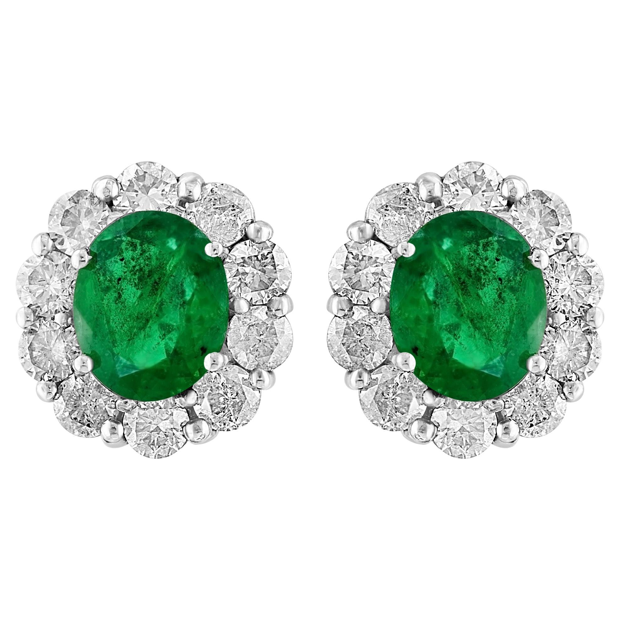 5 Carat Oval Shape Emerald & 2 Ct Diamond Post Back Earrings 14 Karat White Gold