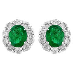 5 Carat Oval Shape Emerald & 2 Ct Diamond Post Back Earrings 14 Karat White Gold