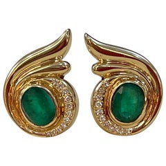 5 Carat Oval Shape Emerald and Diamond Omega Back Earrings 14 Karat Yellow Gold