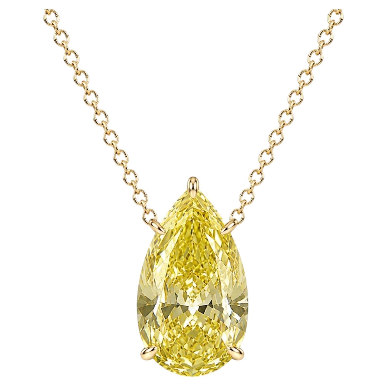 5 Carat Pear Cut Fancy Yellow Diamond Pendant Necklace