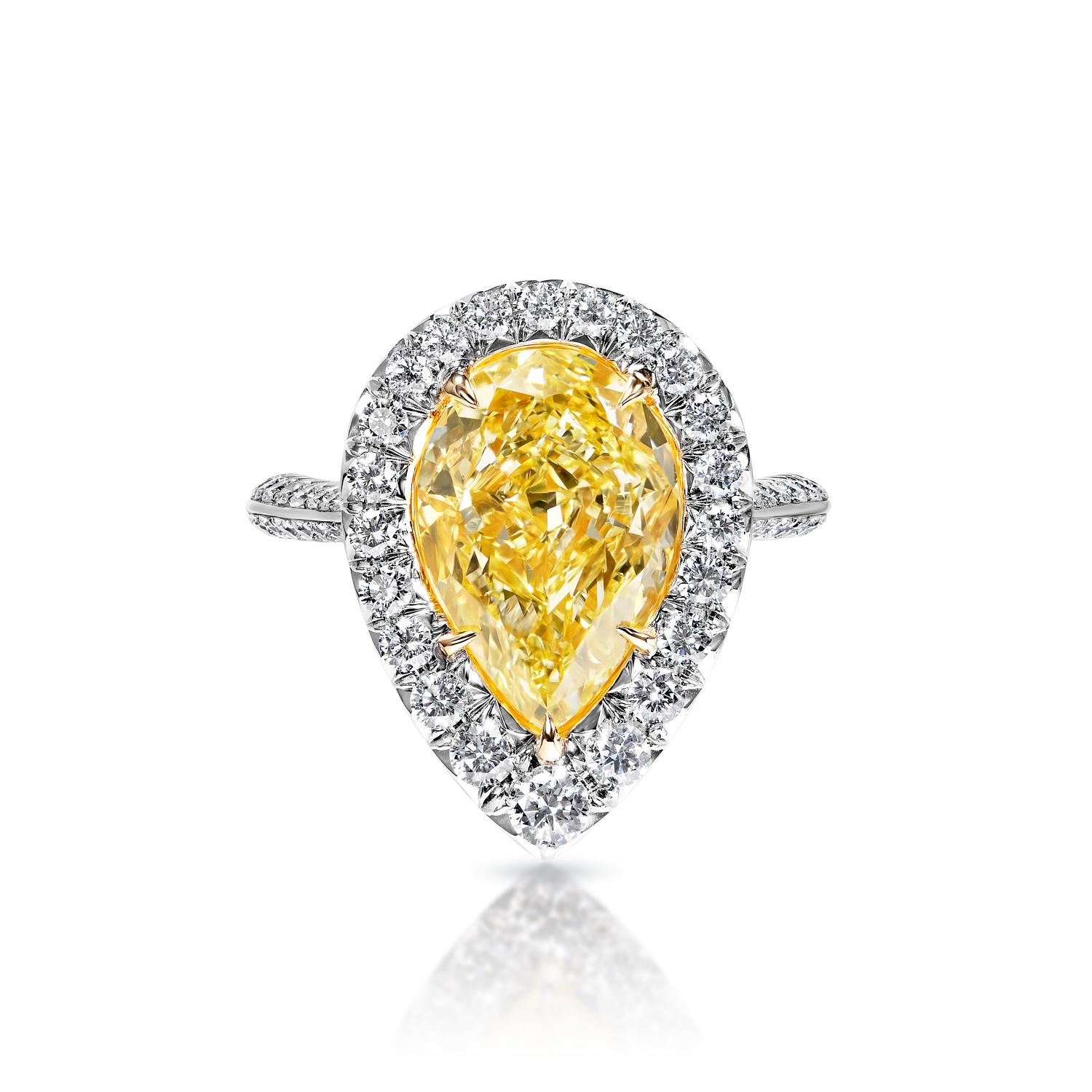 Kendall 5 Carat Fancy Intense Yellow SI1 Pear Shape Diamond Engagement Ring in White Gold. GIA Certified By Mike Nekta

 

GIA CERTIFIED
Center Diamond:

Carat Weight: 5.02 Carats
Color : Fancy Intense Yellow
Clarity: SI1
Style: Pear
