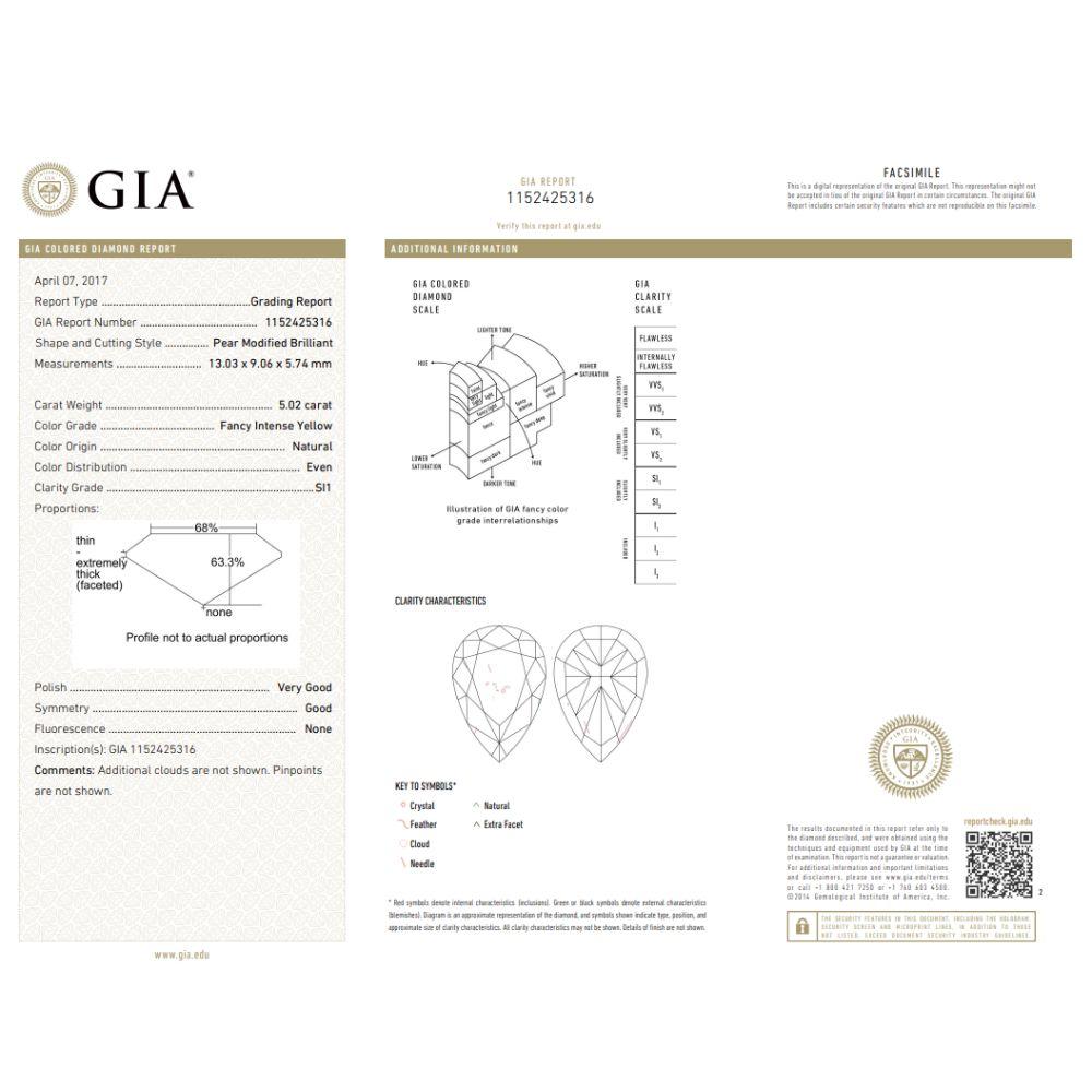 Bague de fiançailles en diamant en forme de poire de 5 carats certifié GIA FIY SI1 Neuf - En vente à New York, NY