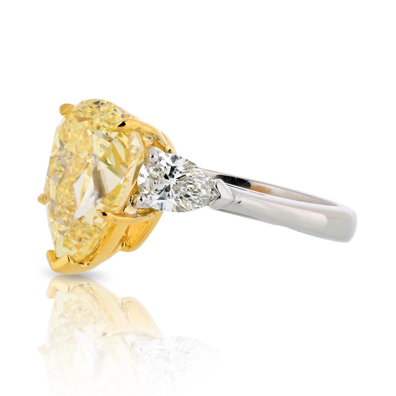 Modern 5 carat Pear Shape Fancy Yellow Three Stone Diamond Engagement Ring For Sale