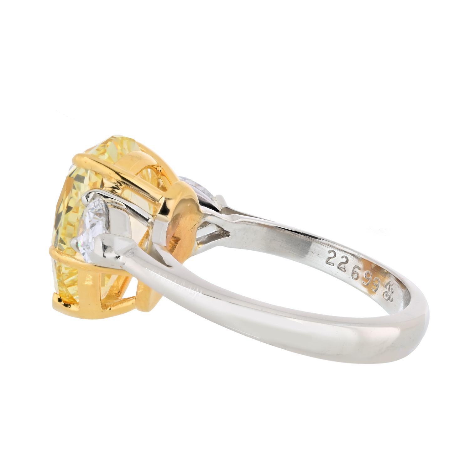 Pear Cut 5 carat Pear Shape Fancy Yellow Three Stone Diamond Engagement Ring For Sale