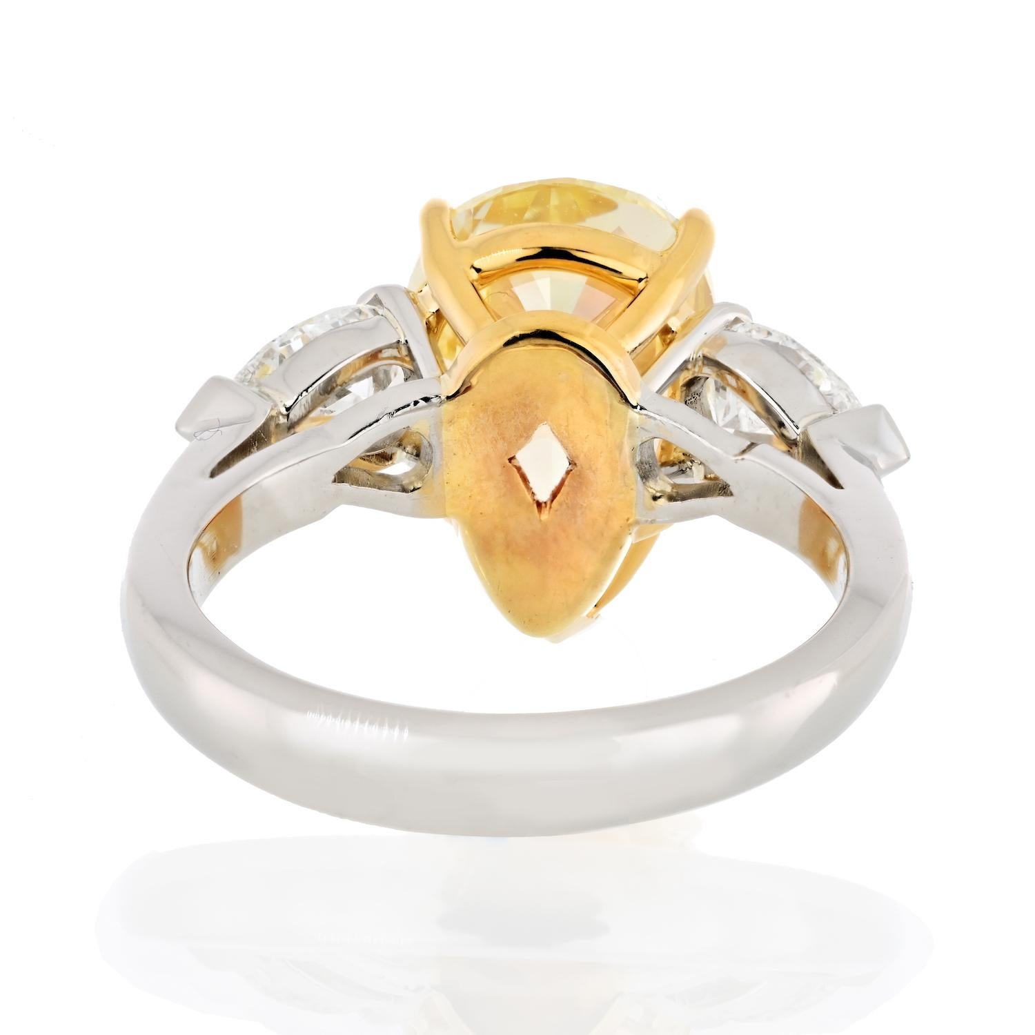 5 carat Pear Shape Fancy Yellow Three Stone Diamond Engagement Ring In New Condition For Sale In New York, NY
