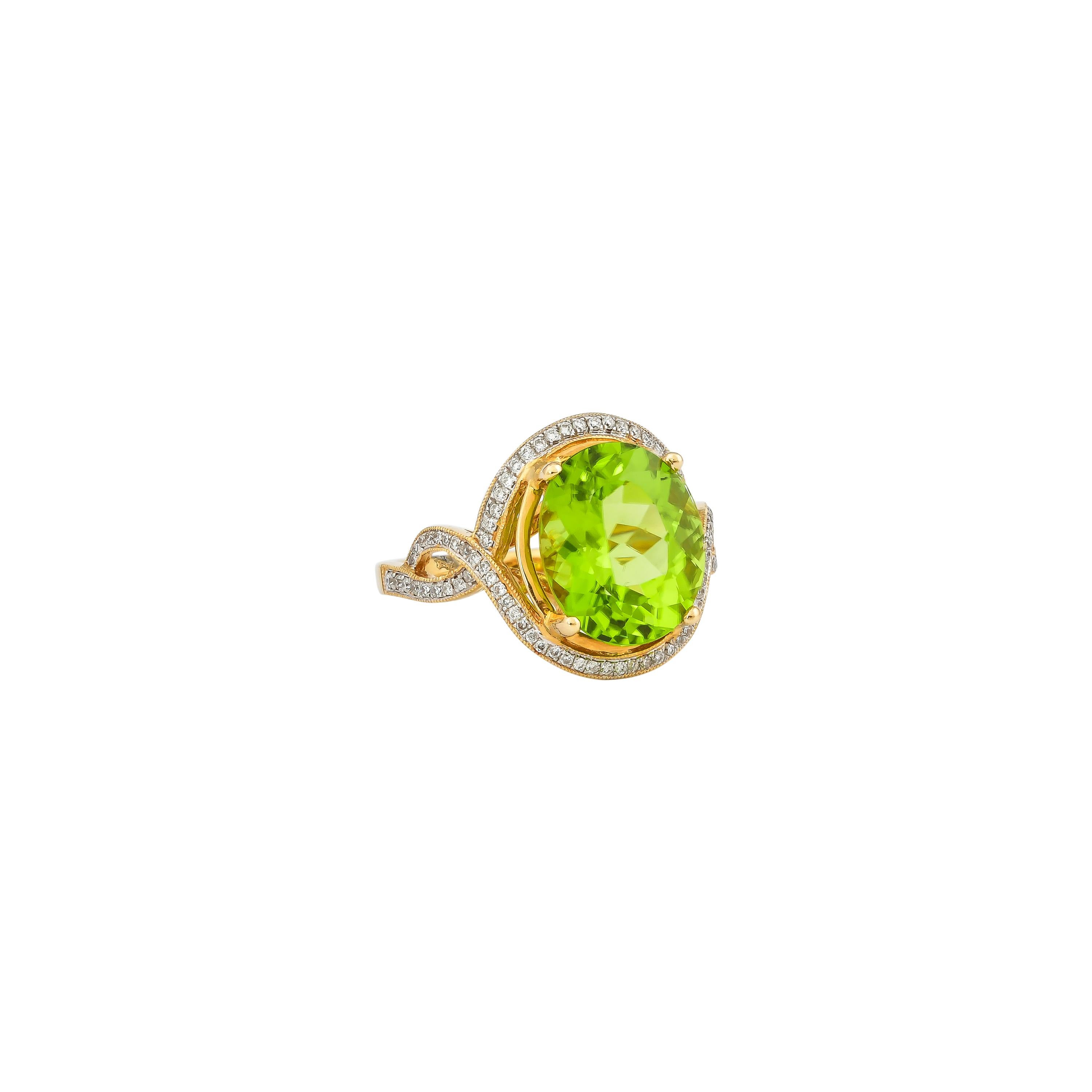 This collection features an array of pretty peridot rings! Accented with diamonds these rings are made in yellow gold and present a vibrant and fresh look. 

Classic peridot ring in 18K yellow gold with diamonds. 

Peridot: 5.02 carat oval