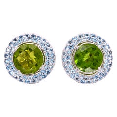 Boucles d'oreilles design Laura M Fine Estate Jewelry en or, péridot 5 carats et aigue-marine
