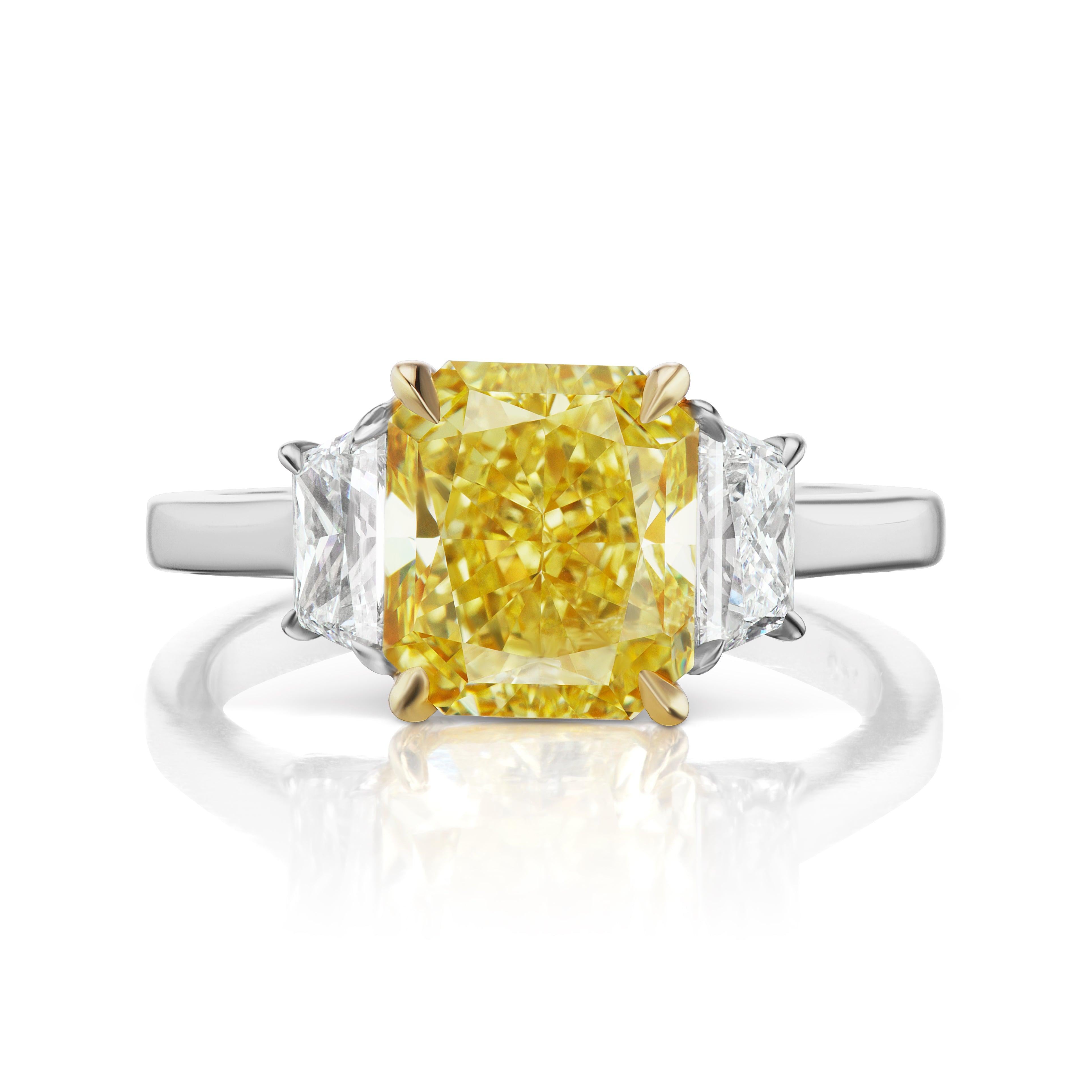 KATYA YELLOW DIAMOND ENGAGEMENT PLATINUM & 18K WHITE GOLD RING BY MIKE NEKTA
GIA CERTIFIED

Center Diamond:
Carat Weight: 3.5 Carats
Color: FANCY INTENSE YELLOW
Color Origin:  NATURAL
Color Distribution: EVEN
Style:   CUT-CORNERED RECTANGULAR