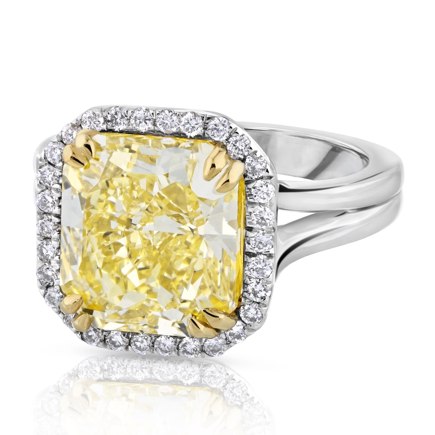 Women's 5 Carat Radiant Cut Diamond Fancy Intense Yellow GIA Engagement Ring