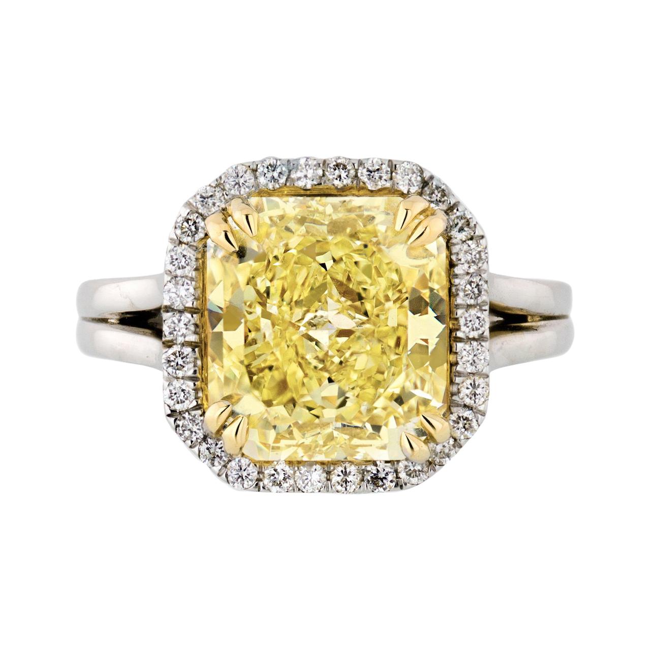 5 Carat Radiant Cut Diamond Fancy Intense Yellow GIA Engagement Ring