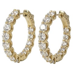5 Carat Round Brilliant Diamond Inside-Out 14k Yellow Gold Hoop Earrings