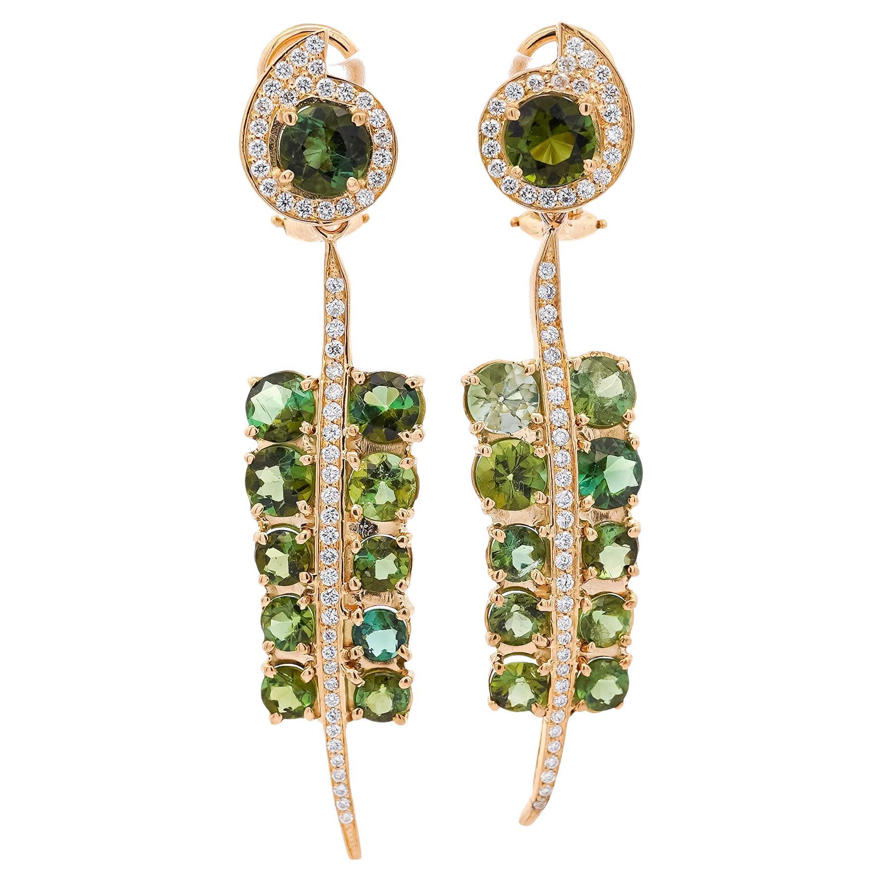 5 Carat Round Cut Green Tourmaline and Diamond Dangle Drop Earrings For Sale