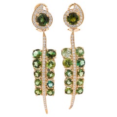 5 Carat Round Cut Green Tourmaline and Diamond Dangle Drop Earrings