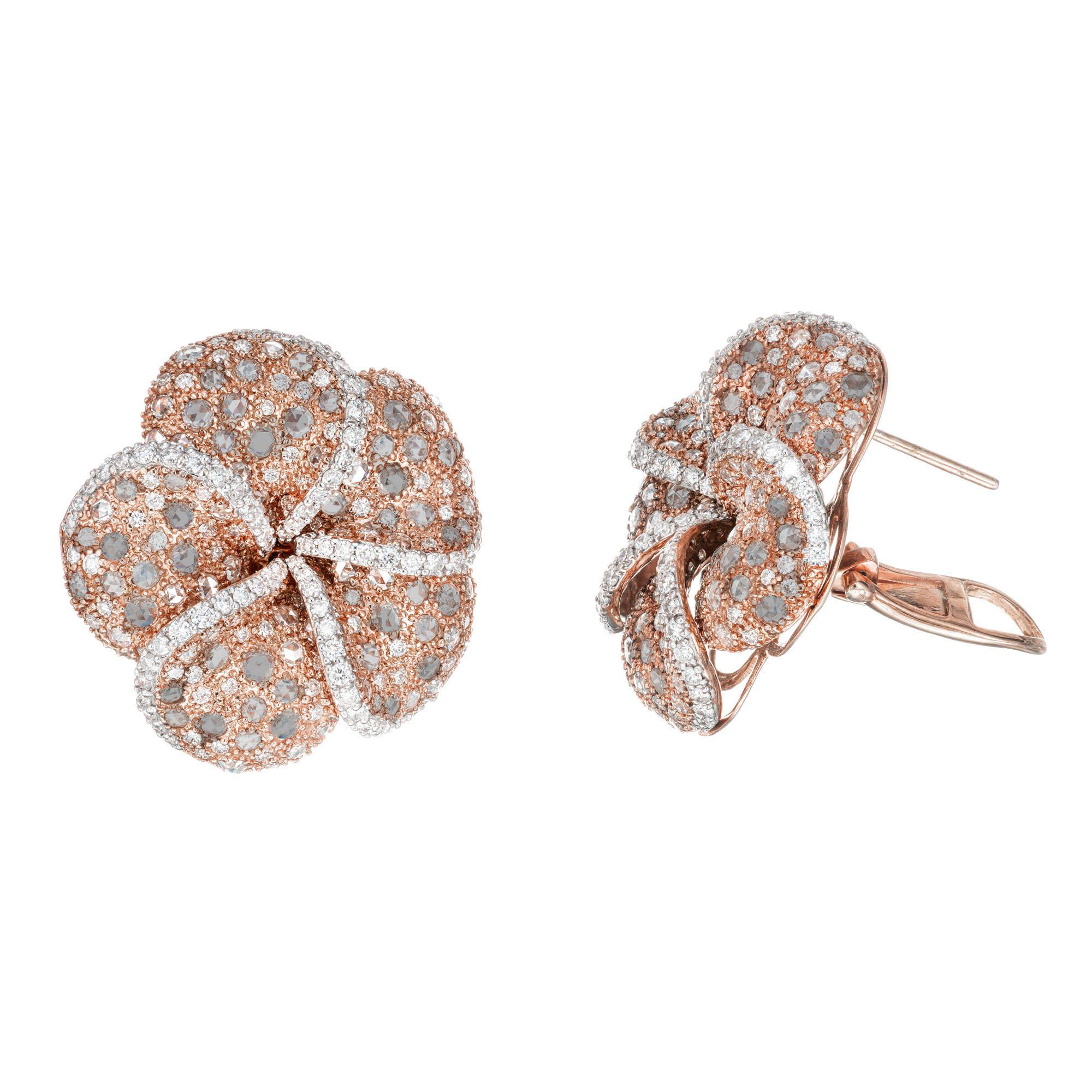 5 Carat Round Rose Cut Diamond Rose Gold Clip Post Flower Earrings In Excellent Condition For Sale In Stamford, CT