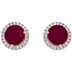 5 Carat Round Ruby and Diamond Stud Earrings 18 Karat Pink Gold, Post Back