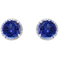 5 Carat Round Tanzanite and Diamond Stud Earrings 14 Karat White Gold, Post Back