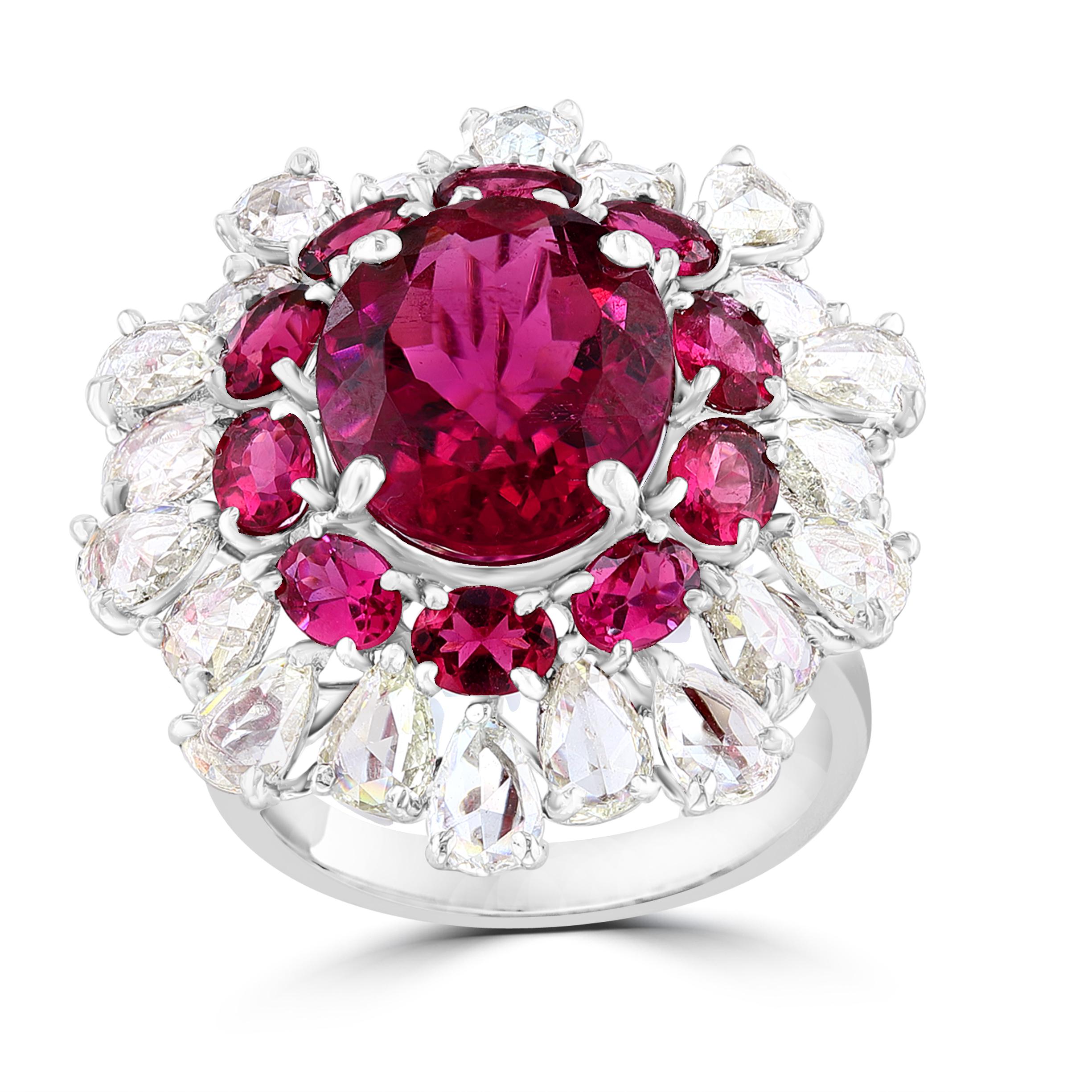 5 Carat Rubelite and 4.5 Carat Diamond 18 Karat White Gold Cocktail Ring Estate In Excellent Condition For Sale In New York, NY