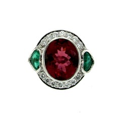 5 Carat Rubellite Red Tourmaline Heart Emerald Diamond Gold Ring