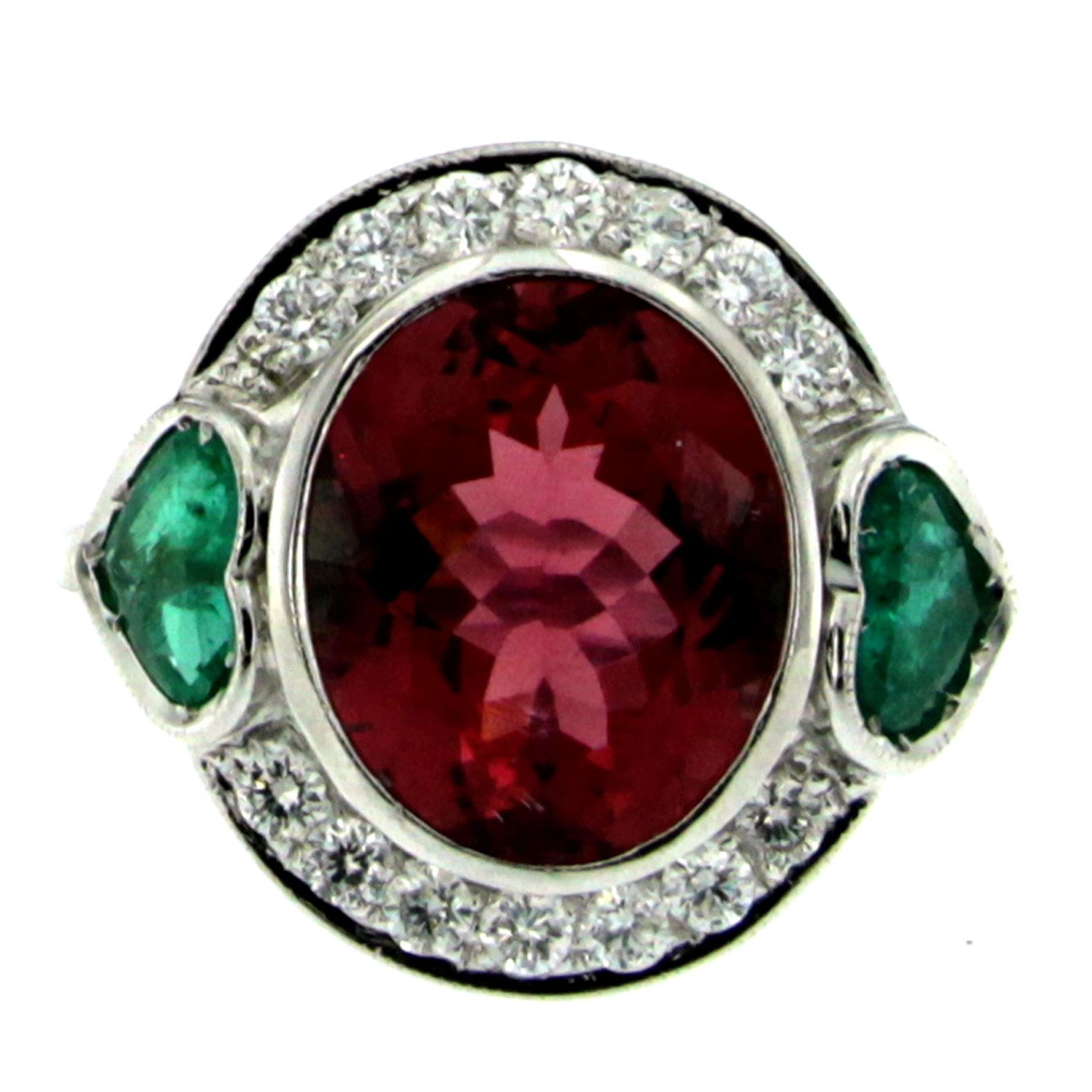 5 Carat Rubellite Red Tourmaline Heart Emerald Diamond Gold Ring