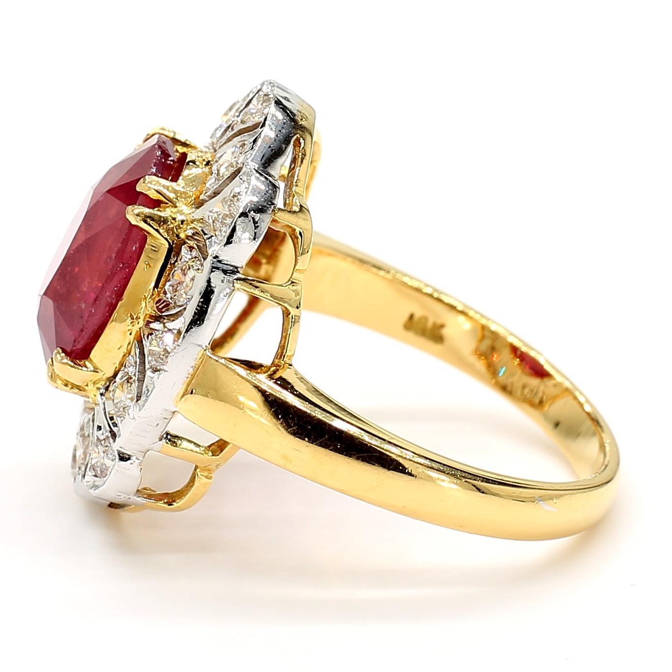 Women's 5 Carat Ruby and Diamond Halo 18K Gold Ring For Sale