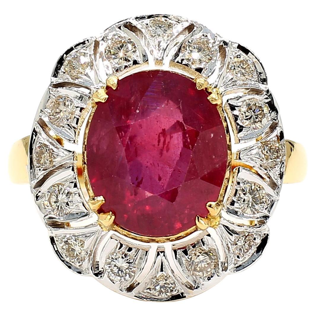 5 Carat Ruby and Diamond Halo 18K Gold Ring