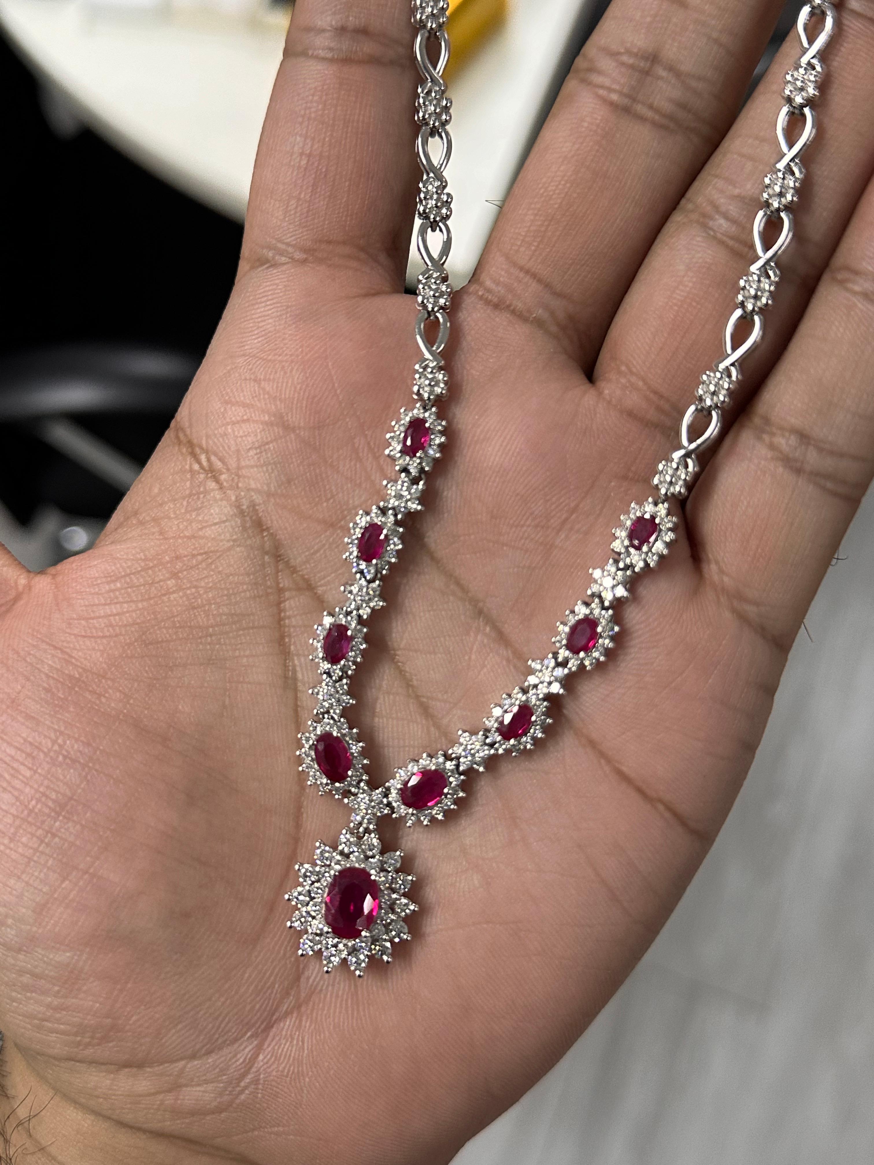 Oval Cut 5 Carat Ruby Art Deco Styled Necklace in 14K Gold For Sale