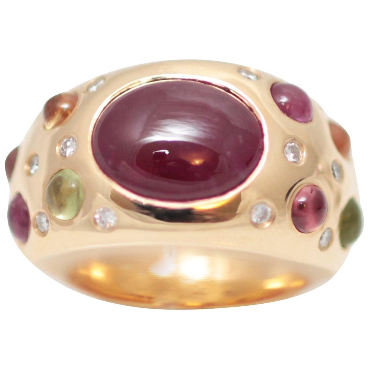 5 Carat Ruby, Diamonds Sapphires Pave 18 Karat Gold Bombe Ring