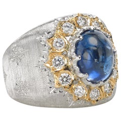 5 Carat Sapphire & Diamond Hand Engraved 18 Karat White Gold Band Ring