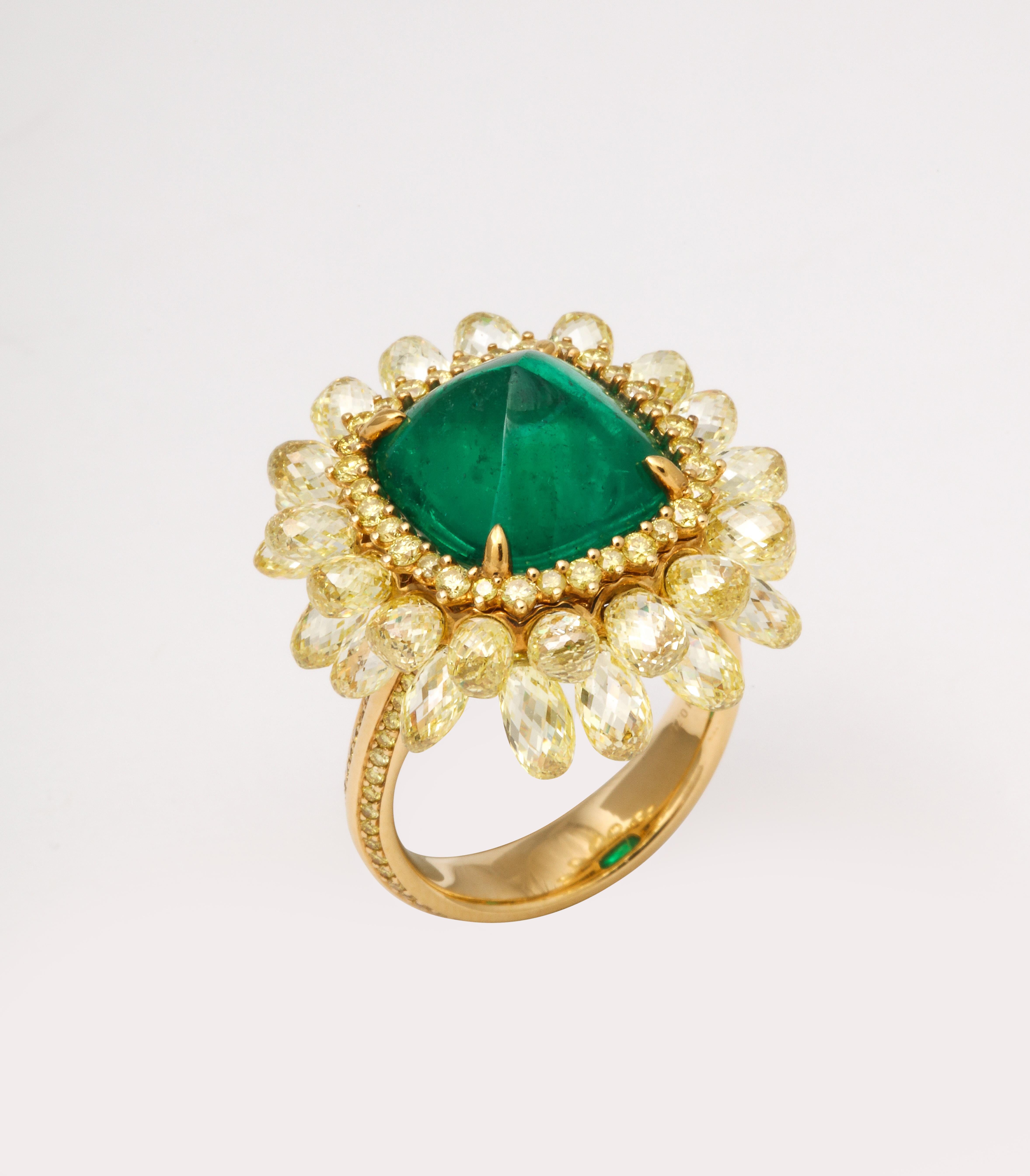 5 carat Sugarloaf Cabochon Emerald and Yellow Diamond Ring For Sale 6