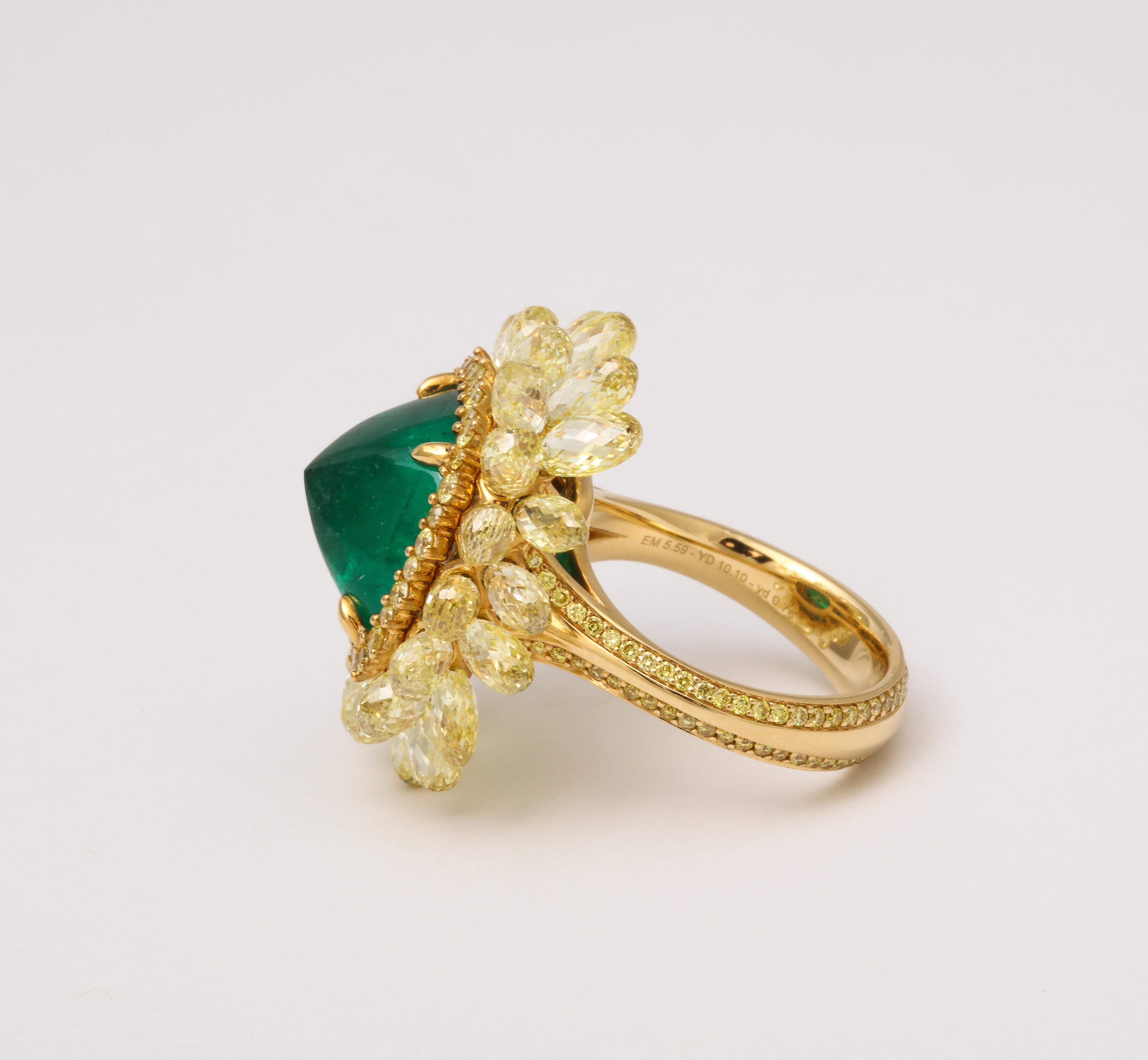 5 carat Sugarloaf Cabochon Emerald and Yellow Diamond Ring For Sale 3