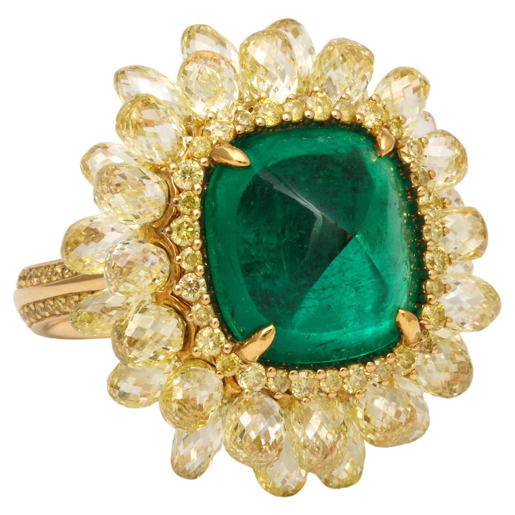 5 carat Sugarloaf Cabochon Emerald and Yellow Diamond Ring For Sale