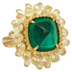 5 carat Sugarloaf Cabochon Emerald and Yellow Diamond Ring