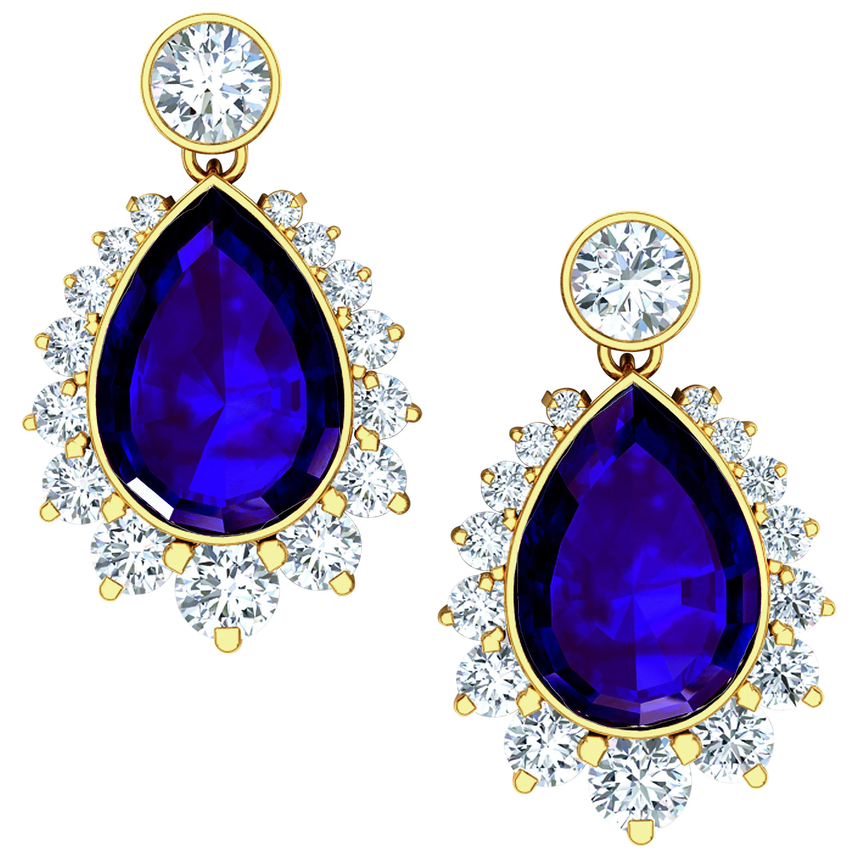 5 Carat Tanzanite and Diamond Drop Earrings Yellow Gold For Sale