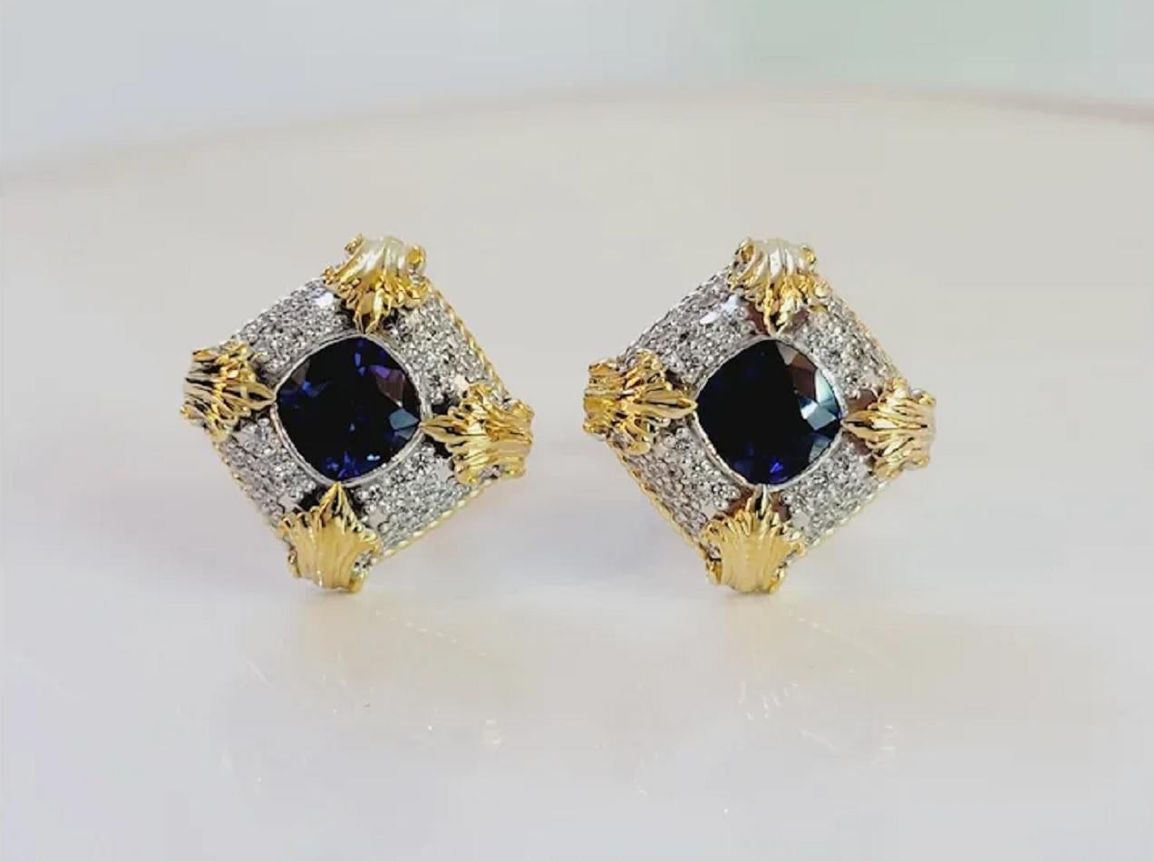 This exquisite cuff link and stud set are a one-of-a kind execution from the Renaissance era! Featuring 128 round cut diamonds 2.60 ct VS F color and two cushion sapphires = 5.00 carat total weight, these flexible cuff links are essence of
