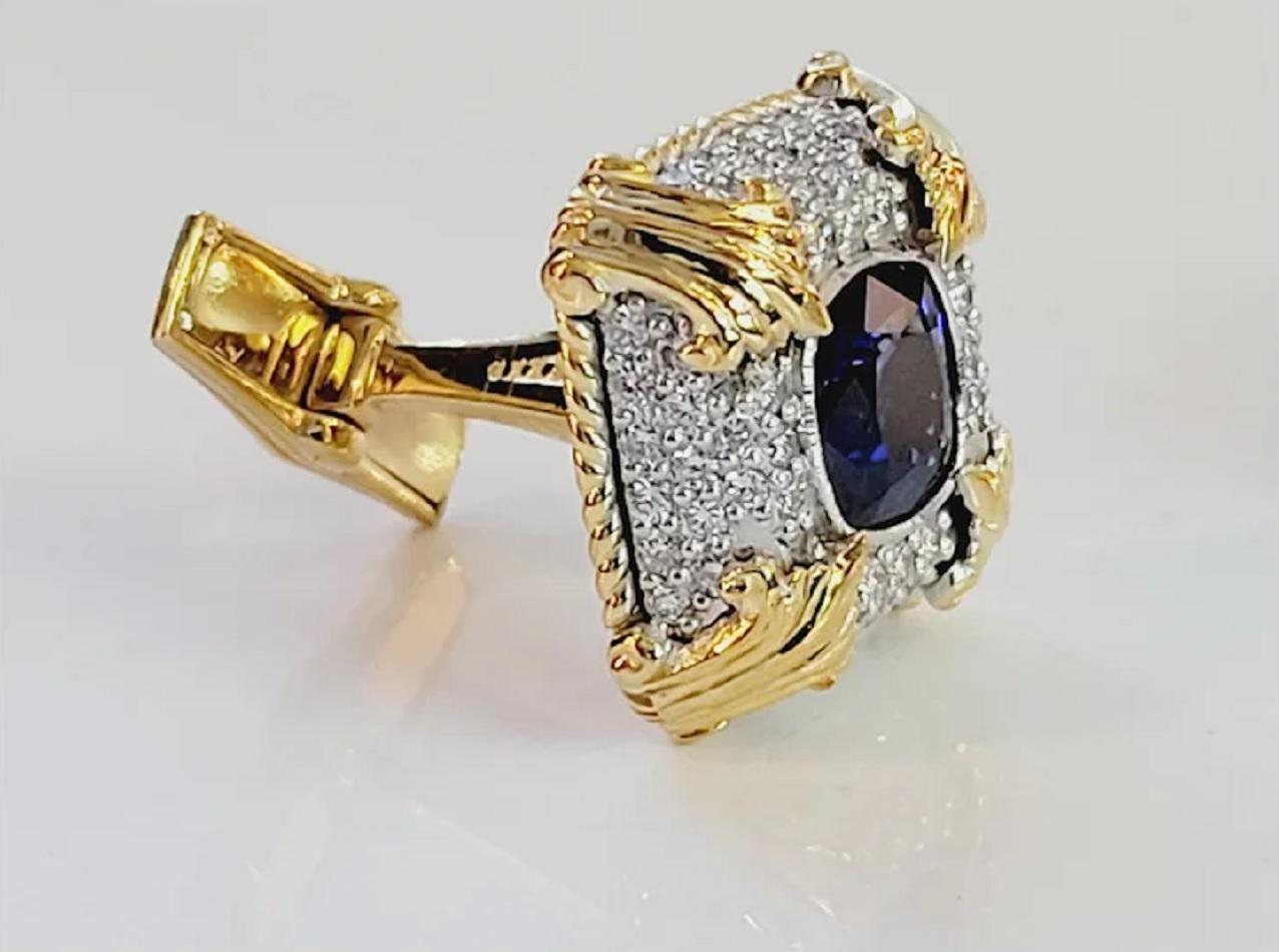 Cushion Cut 5 Carat Total Weight Blue Sapphire Cufflinks 14k two tone Gold with Diamonds. For Sale